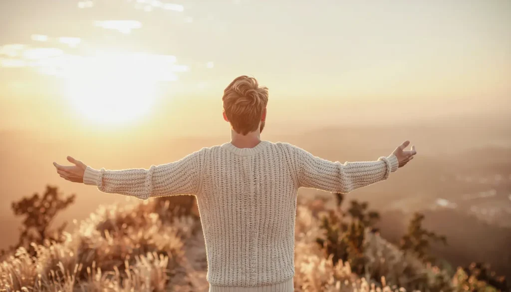 Hombre abriendo los brazos hacia la luz del amanecer, representando El sentido de la vida: Desata tu poder interior.
