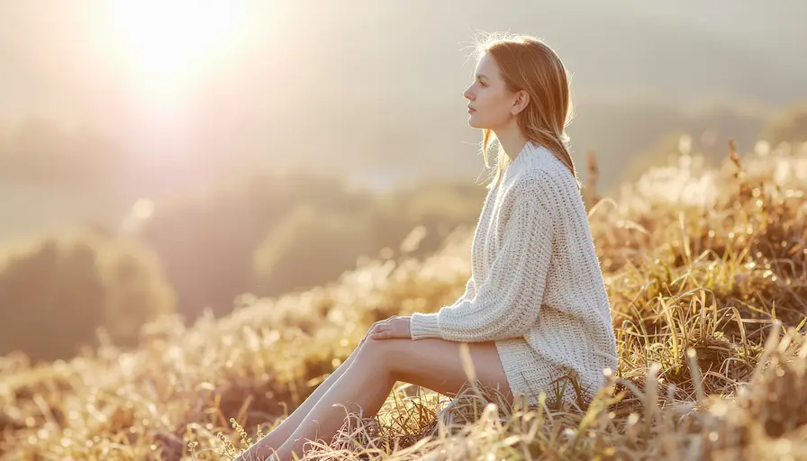 Mujer sentada al amanecer contemplando el horizonte, representando la pregunta existencial ¿Qué es el sentido de la vida?