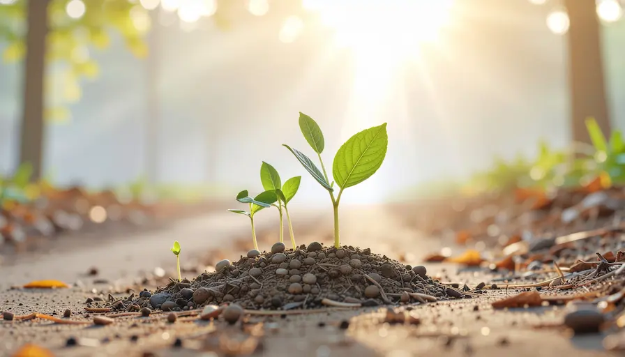 Pequeña planta brotando en tierra fértil iluminada por el sol, simbolizando los beneficios de encontrar tu propósito de vida.