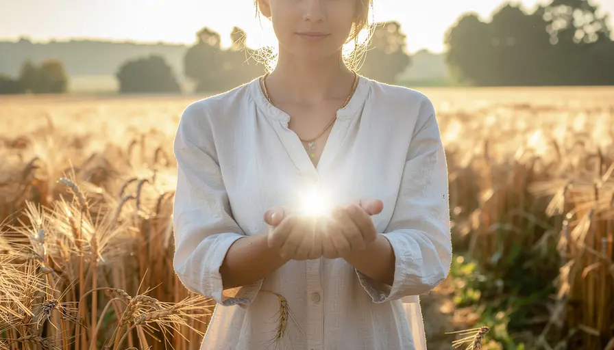 Mujer sosteniendo luz entre sus manos al amanecer, símbolo de la Vocación y del impulso interior que guía hacia el propósito vital.