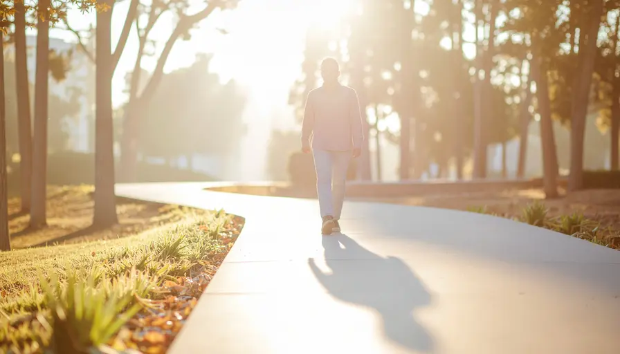 Hombre caminando por un sendero iluminado por el sol, representando El sentido de vida como un proceso continuo de transformación interior.