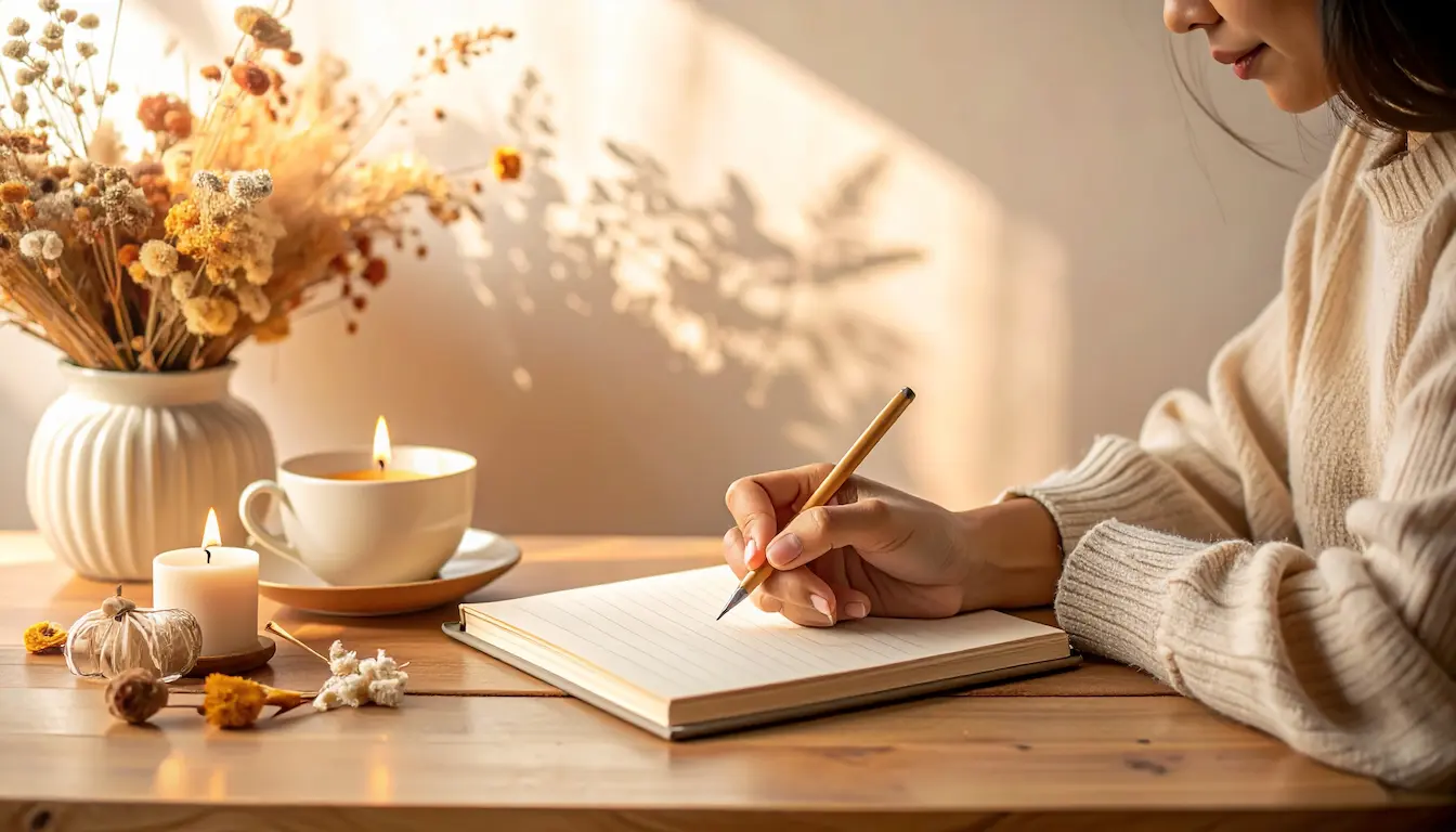 Cuaderno con luz cálida y taza de té, símbolo de calma y bienestar. Representa la escritura terapéutica.