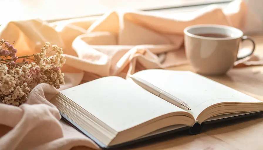 Cuaderno abierto con taza de té y flores secas sobre tela beige, símbolo del diario terapéutico.