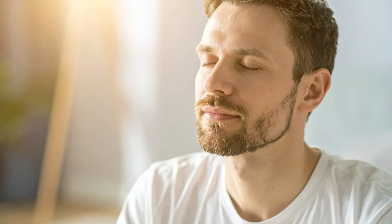 Persona en calma practicando liberación emocional, respirando con conciencia y serenidad.