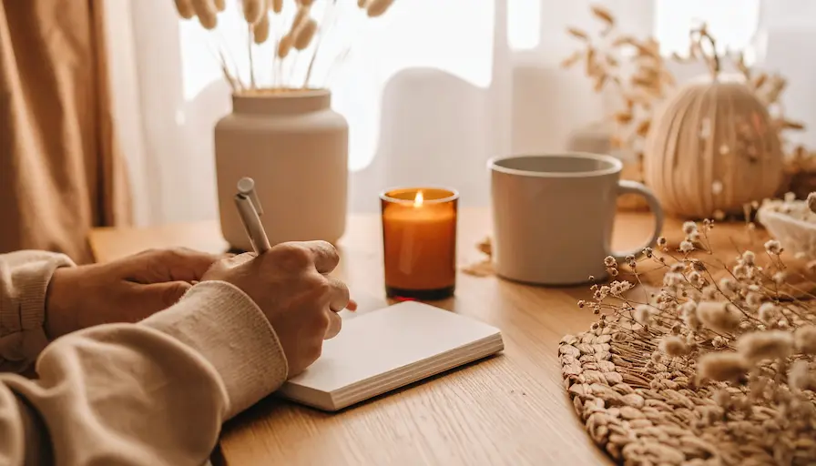 Manos escribiendo en cuaderno junto a vela encendida y taza de té. Representa ejercicios de escritura terapéutica.