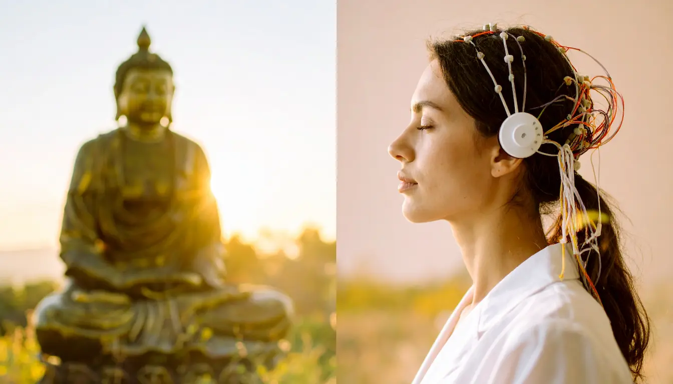 Un Viaje Milenario desde Oriente hasta la Ciencia Moderna: estatua de Buda y mujer con casco de sensores científicos