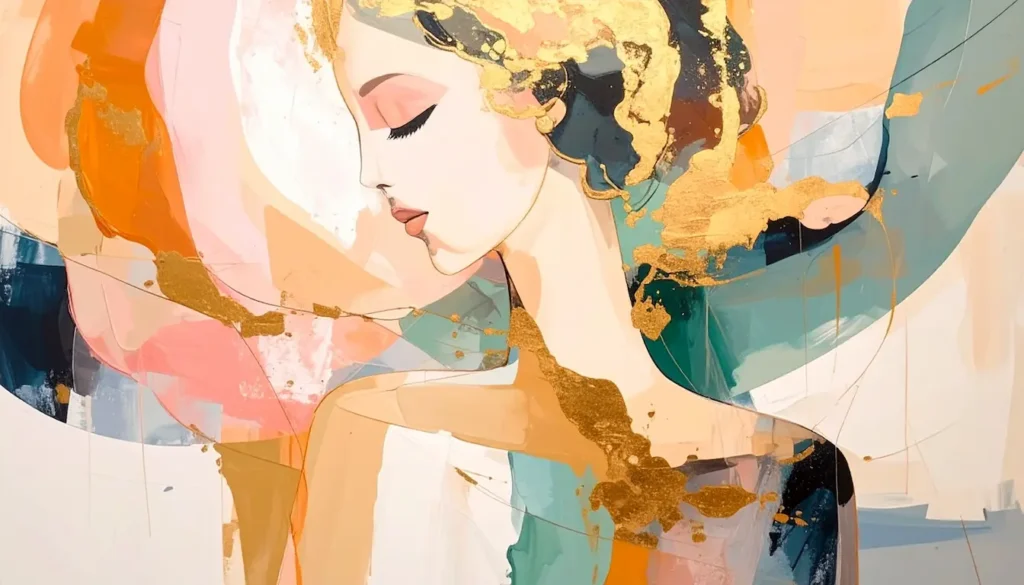Ilustración artística de una mujer en un momento de introspección, representando la experiencia de los Síntomas Físicos de la Ansiedad con tonos cálidos y dorados.