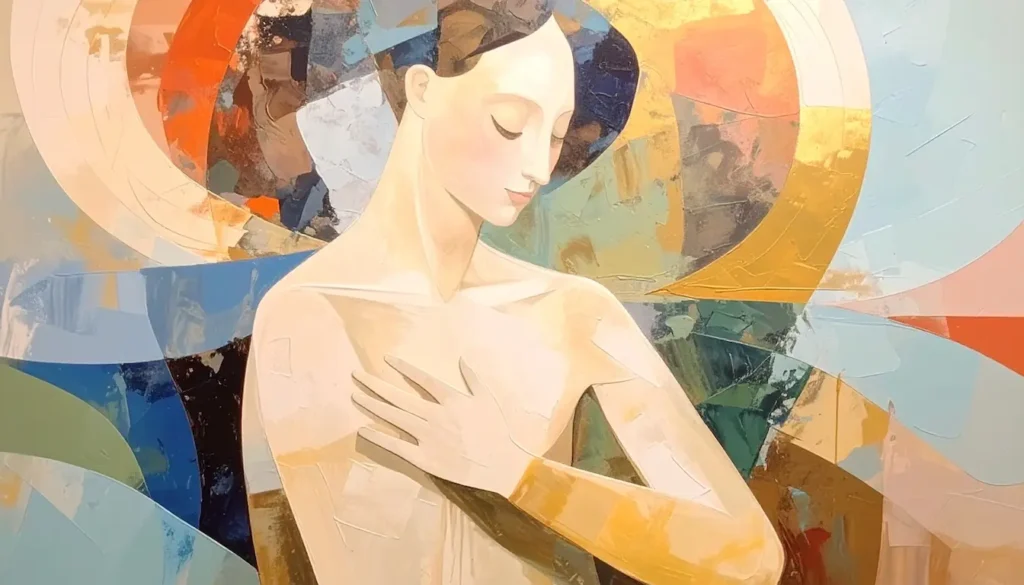 Ilustración abstracta de una figura femenina con los ojos cerrados y una mano sobre el pecho, en actitud serena. Los colores suaves y envolventes simbolizan la contención emocional y la conexión con uno mismo tras experimentar síntomas de ansiedad.