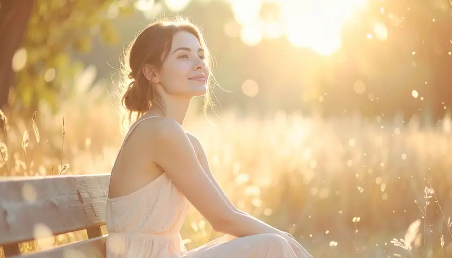 Mujer sentada en un banco al atardecer, sonriendo y mirando al horizonte, transmitiendo calma. ¿La ansiedad se cura?