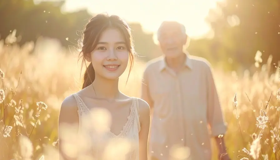 Joven sonriendo en un campo al atardecer con un hombre mayor detrás. ¿La ansiedad se hereda?