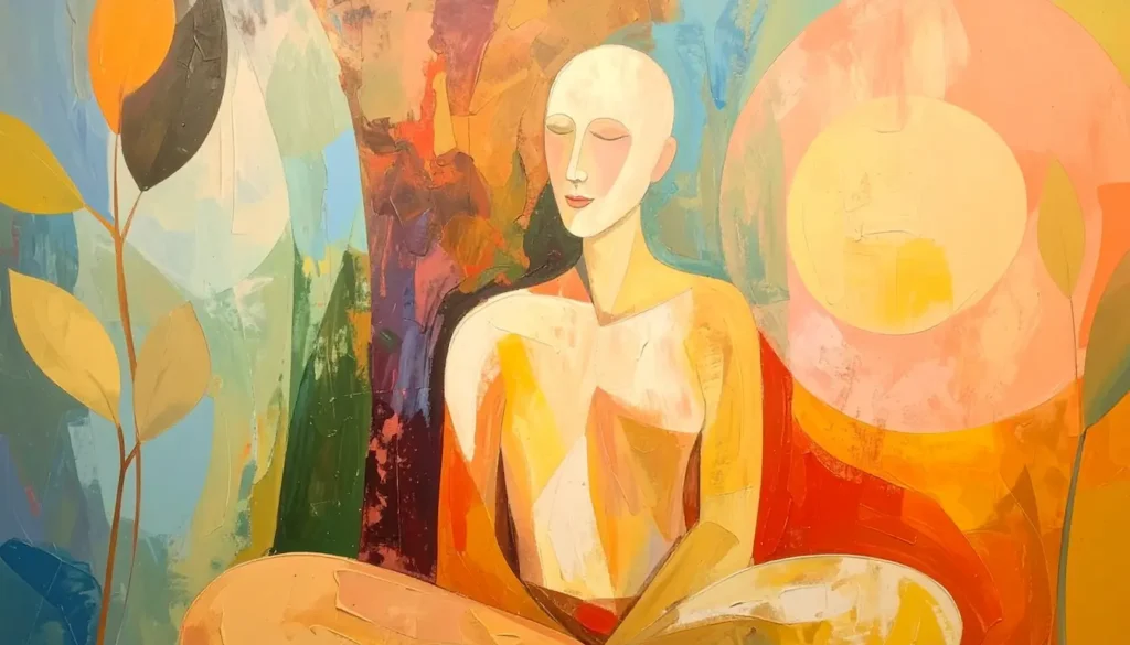 Ilustración abstracta de una figura andrógina con los ojos cerrados, postura erguida y expresión serena. Está rodeada de colores cálidos y formas suaves, representando la calma interior alcanzada tras experimentar síntomas de ansiedad generalizada.