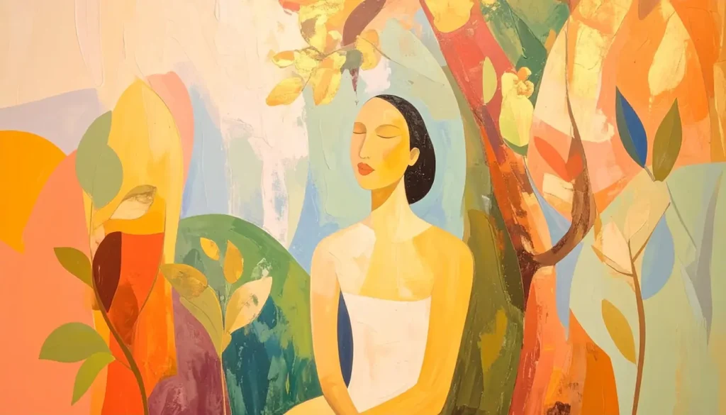 Ilustración abstracta de una figura femenina con los ojos cerrados y expresión serena, rodeada de hojas y flores en tonos cálidos. Representa la calma y la seguridad interior alcanzadas tras haber experimentado síntomas de fobia social.