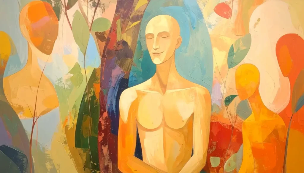 Ilustración abstracta de una figura humana serena con los ojos cerrados, en un entorno abierto y lleno de colores suaves. Representa la tranquilidad y la confianza recuperadas tras haber vivido síntomas de agorafobia.