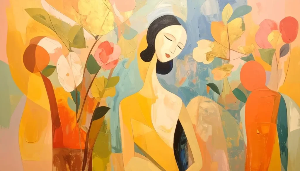Ilustración abstracta de una mujer serena con los ojos cerrados, rodeada de flores en tonos pastel. Representa la sensibilidad emocional y la contención interior tras experimentar síntomas de ansiedad en mujeres.