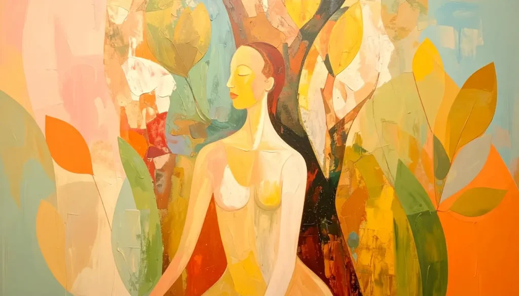 Ilustración abstracta de una figura femenina con expresión serena, rodeada de hojas en tonos cálidos. Representa el estado de calma y autorregulación alcanzado después de experimentar síntomas de nervios y estrés.