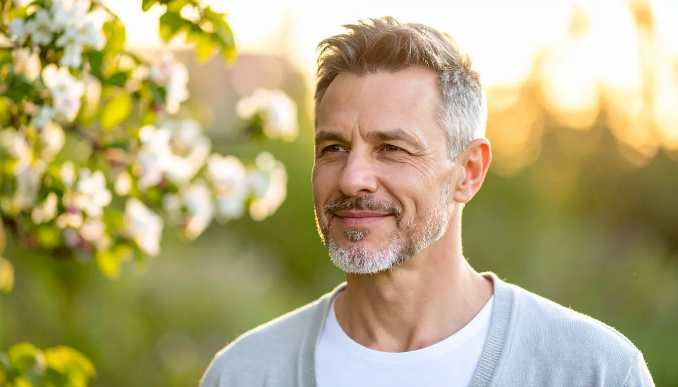 Hombre con expresión serena mirando hacia la luz, representando la idea de que todo sucede en la mente y la conexión entre conciencia y amor.