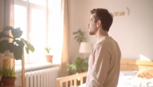 Todo sobre la ansiedad representada en una escena cotidiana de una persona adulta en un entorno hogareño tranquilo