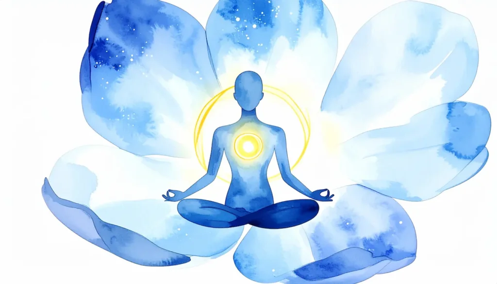 Figura en meditación sentada sobre una flor azul abierta, simbolizando los 34 beneficios del mindfulness reconocidos por la ciencia