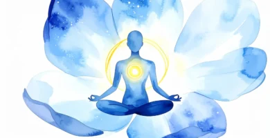 Figura en meditación sentada sobre una flor azul abierta, simbolizando los 34 beneficios del mindfulness reconocidos por la ciencia