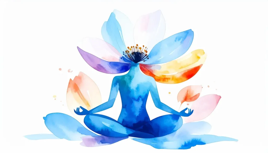 Figura meditativa con pétalos de flor que emergen del cuerpo, simbolizando los beneficios físicos del mindfulness en el cuerpo.