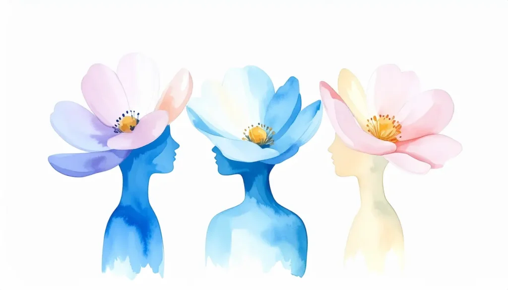 Tres figuras humanas con flores abiertas en la cabeza simbolizan cómo el mindfulness potencia la calma, atención y creatividad en el aula.
