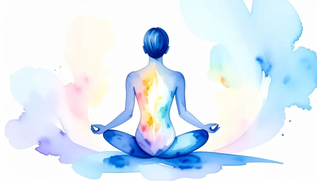 Persona azul en postura de meditación sobre pétalos rosados, simbolizando los beneficios físicos del mindfulness.