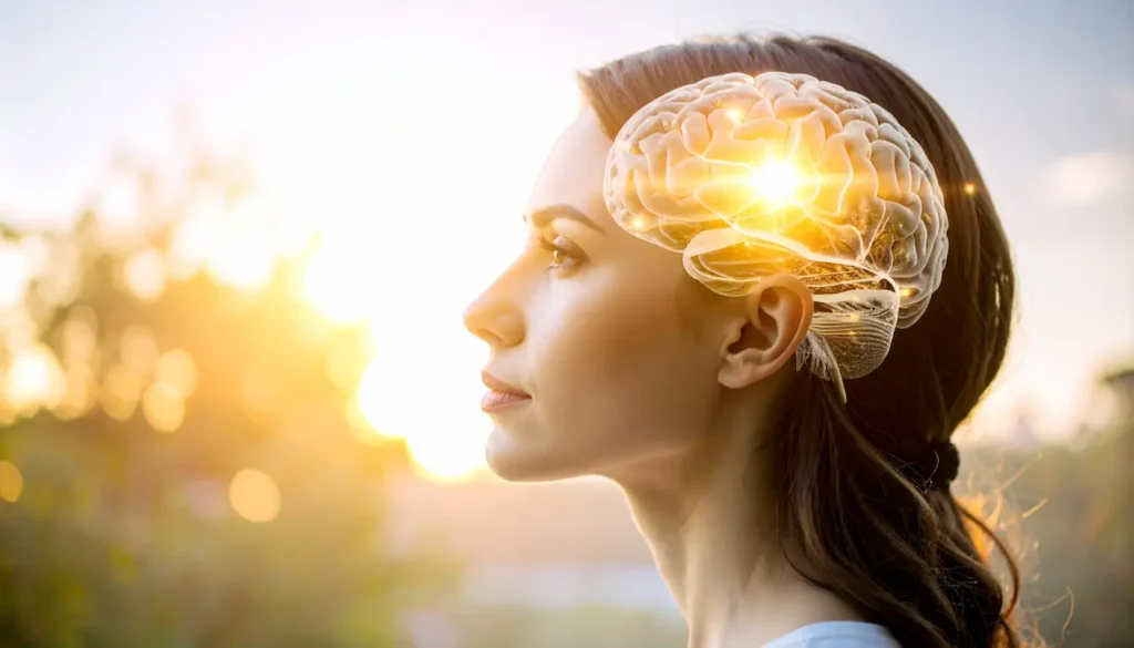 Mujer con ilustración de cerebro, beneficios del mindfulness en el cerebro