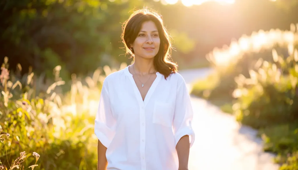 Mujer caminando al atardecer, beneficios del mindfulness en la salud física