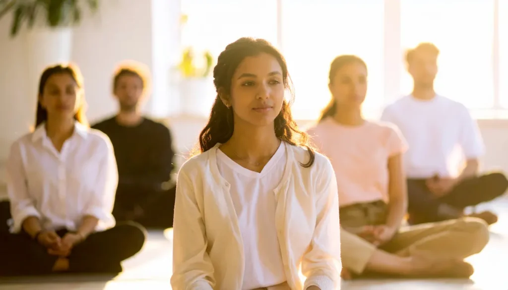 Estudiantes practicando meditación, beneficios del mindfulness en el aula