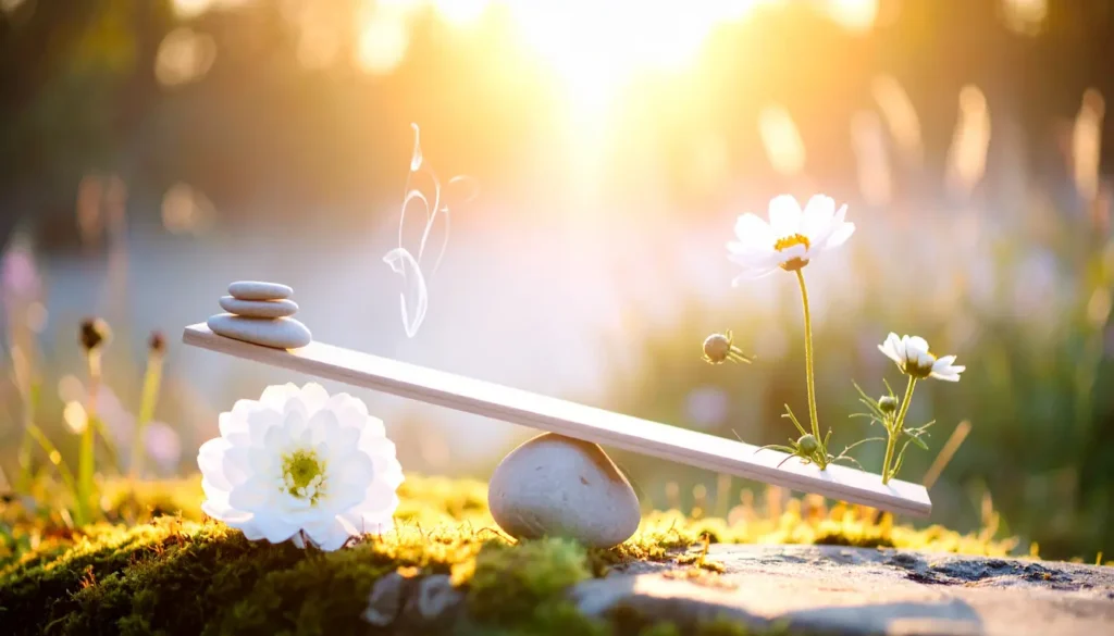 Balanza con flores al aire libre, ventajas y desventajas del mindfulness