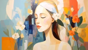 Ilustración de mujer serena con flores alrededor, representando el equilibrio mental y emocional. Cómo Entrenar la Mente para el Amor: Claves para una Vida Plena.