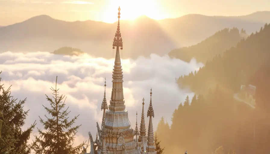 Templo sagrado entre montañas y niebla dorada al amanecer, símbolo de claridad interior y propósito tras la ansiedad.