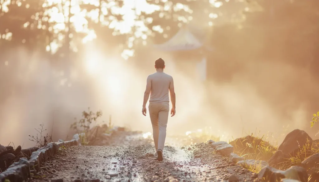 Persona caminando entre la niebla hacia la luz del amanecer, símbolo de claridad interior en Cruzando la Niebla de la Ansiedad, Encontrando el Templo Sagrado.