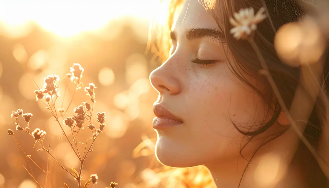 Mujer con ojos cerrados rodeada de flores secas y luz dorada, simboliza la rendición y la contemplación.