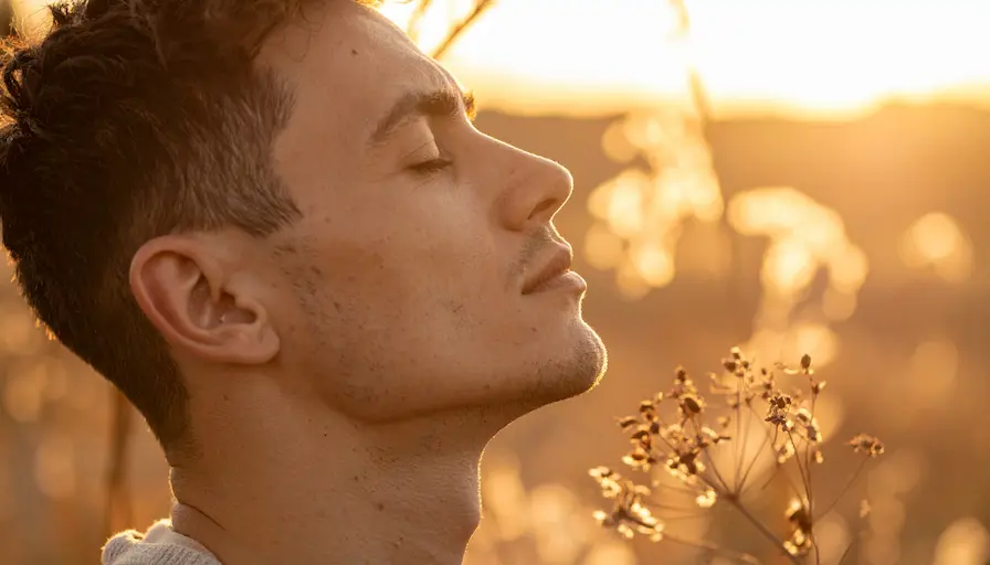 Hombre con ojos cerrados en luz dorada, representa la contemplación interior y la conexión con la esencia.
