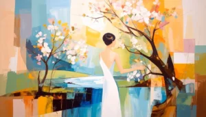 Mujer de espaldas contemplando un paisaje de árboles florecidos y agua, simbolizando la búsqueda de la Sabiduría Interior: El Susurro del Manantial Oculto.