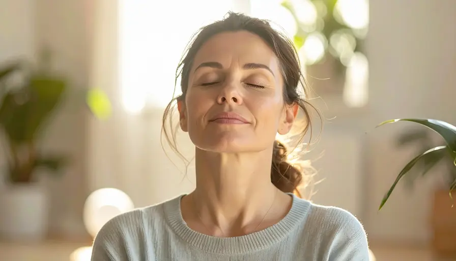 Mujer con expresión relajada y ojos cerrados practicando la calma interior, representando la práctica para recordar que todo es un sueño.
