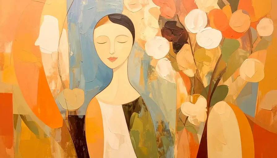 Pintura abstracta de una figura serena con ojos cerrados y elementos florales, simbolizando el acto de aceptar.
