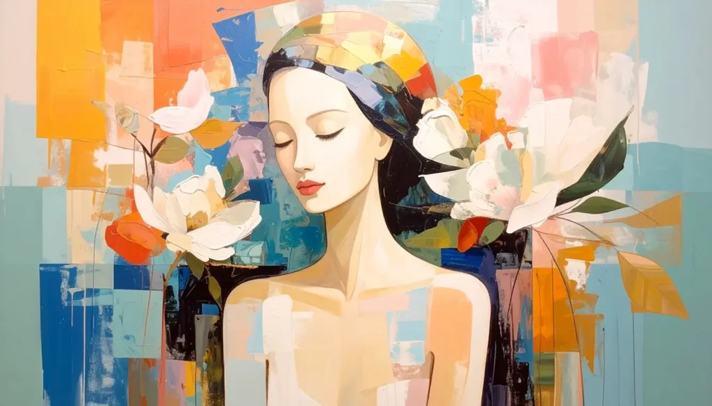 Mujer serena con pañuelo colorido y flores, simbolizando la ansiedad femenina y su relación con los ciclos de vida.