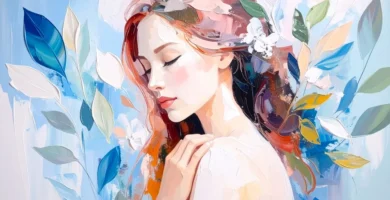 Mujer en calma gracias al Programa para manejo de ansiedad y pánico. Pintura de estilo artístico con la mano en el pecho en señal de autocompasión.