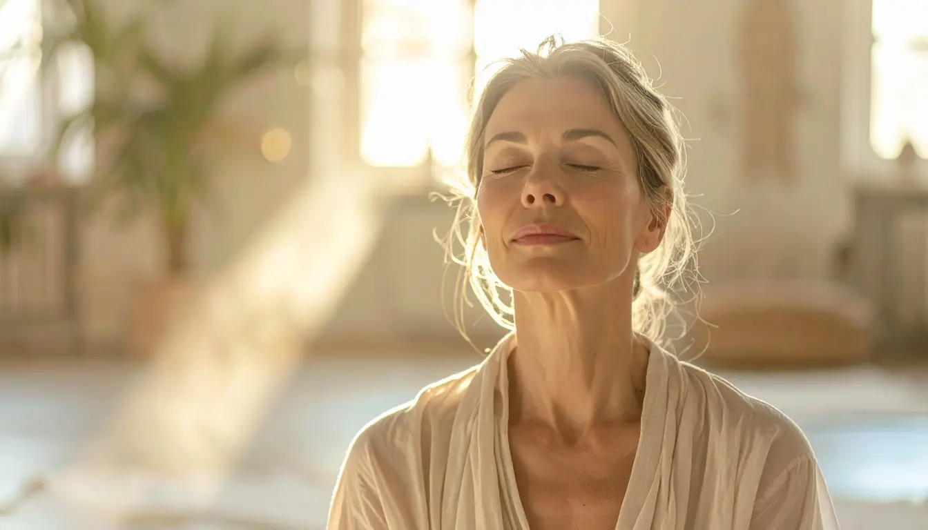 Mujer adulta con expresión serena practicando respiración a frecuencia de resonancia en un ambiente luminoso y tranquilo.