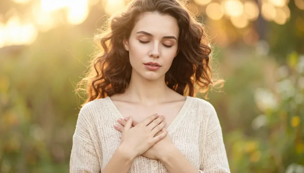 Mujer con las manos sobre el pecho, representando calma y conciencia durante un episodio de ansiedad en el pecho.