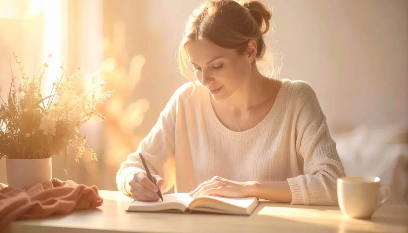 Mujer escribiendo en un cuaderno como práctica de reestructuración cognitiva en un ambiente cálido y tranquilo.