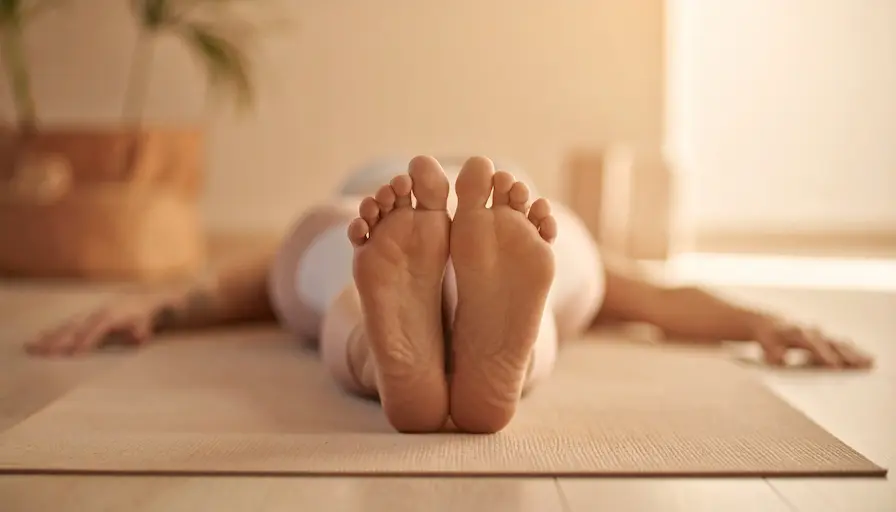 Relajación muscular progresiva con el cuerpo recostado sobre una esterilla, pies en primer plano y luz cálida.