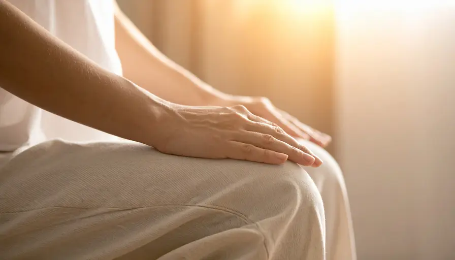 Manos relajadas sobre el regazo simbolizando calma interior tras practicar la relajación muscular progresiva.