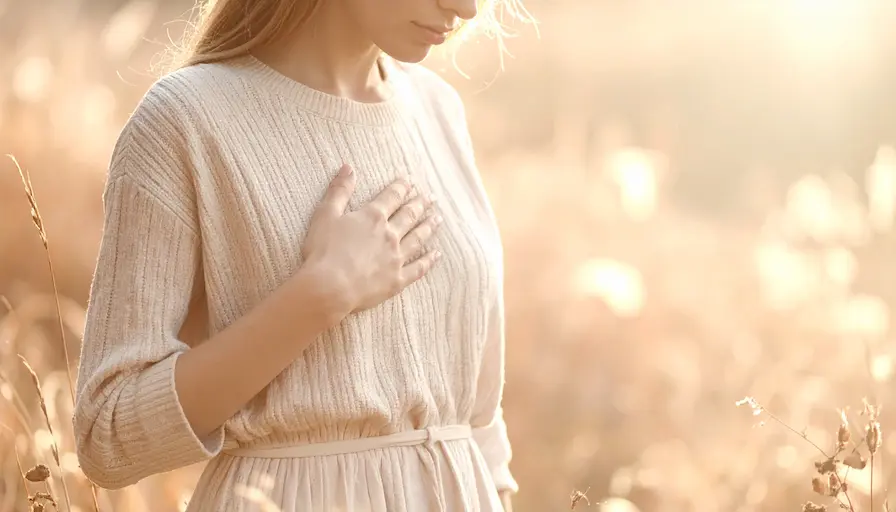 Mujer con la mano en el pecho al atardecer, simbolizando la angustia constante en el pecho y la búsqueda de calma interior