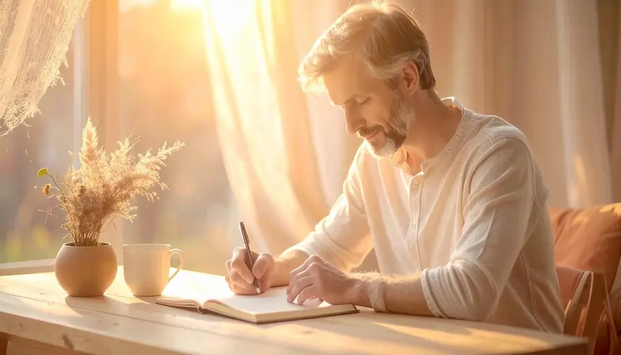 Hombre escribiendo en cuaderno con luz cálida al atardecer; acompaña sin resistirte e integra mente y cuerpo para calmar la activación emocional.