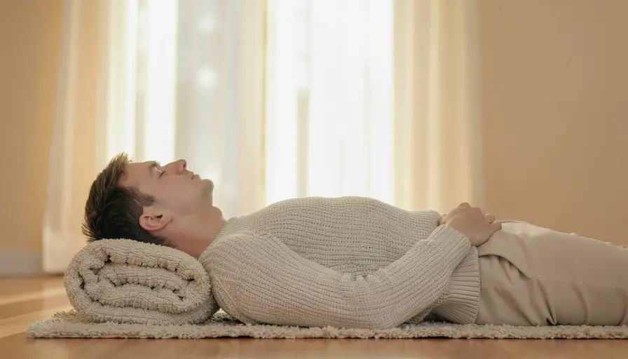 Persona recostada relajando el cuerpo con luz cálida, símbolo de calma y práctica de la Relajación Muscular Progresiva.