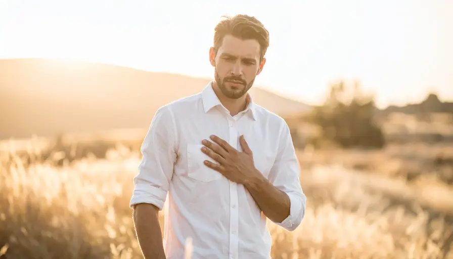 Hombre con expresión de preocupación tocando su pecho, representando el modo alerta del cuerpo ante el estrés o la ansiedad.