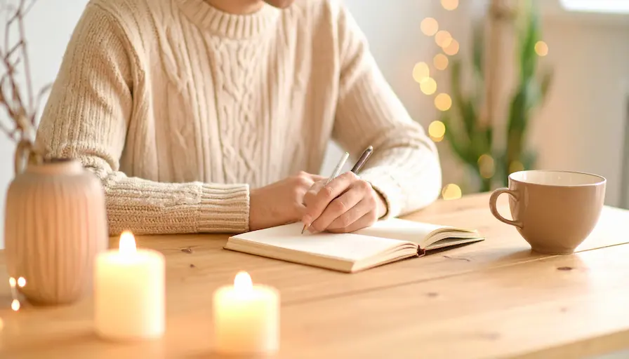 Persona escribiendo en cuaderno junto a velas; como practicar la reestructuracion cognitiva paso a paso en casa, de forma sencilla y tranquila.